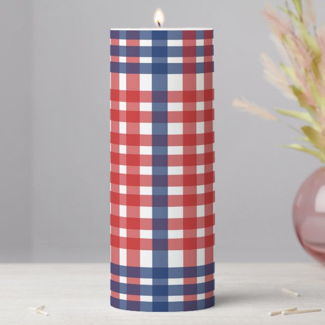Red White and Blue Gingham Plaid Pillar Candle (In Situ)