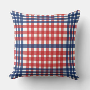 Red White and Blue Gingham Plaid Throw Pillow