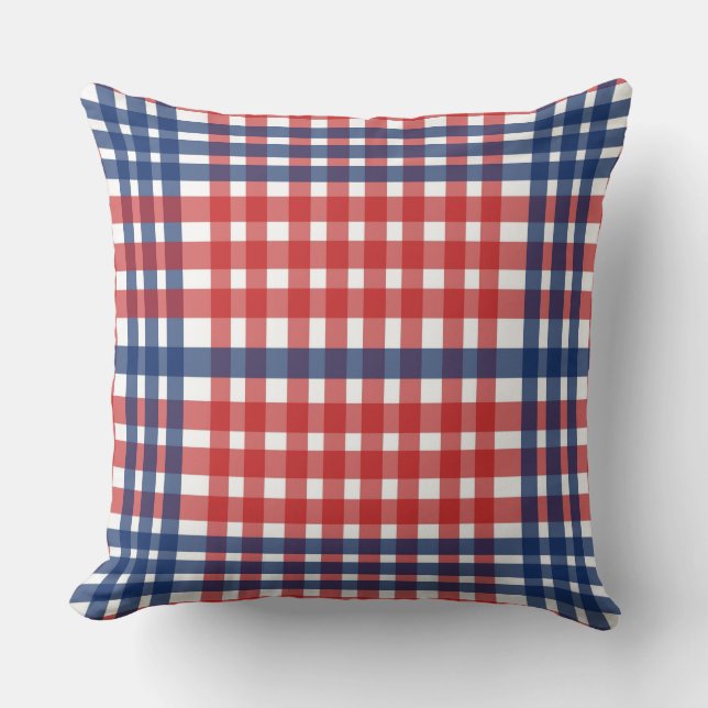 Red White and Blue Gingham Plaid Throw Pillow (Front)