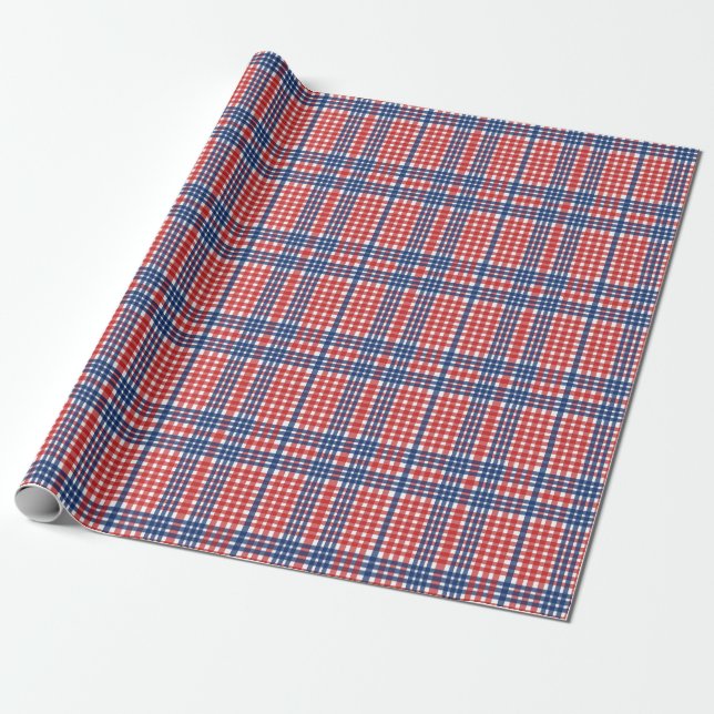 Red White and Blue Gingham Plaid Wrapping Paper (Unrolled)