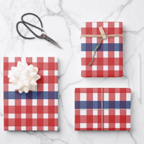 Red White and Blue Gingham Plaid Wrapping Paper Sheets