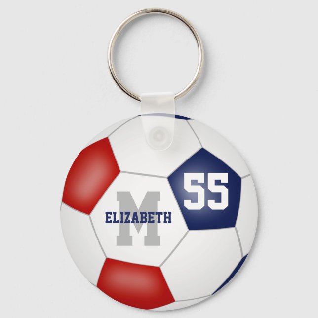 red white and blue girls boys soccer ball keychain (Front)