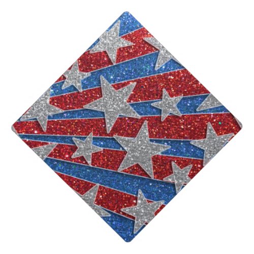 Red White and Blue Glitter American Stars Stripes Graduation Cap Topper