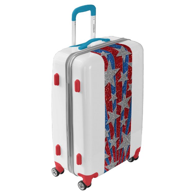 blue and white striped suitcase