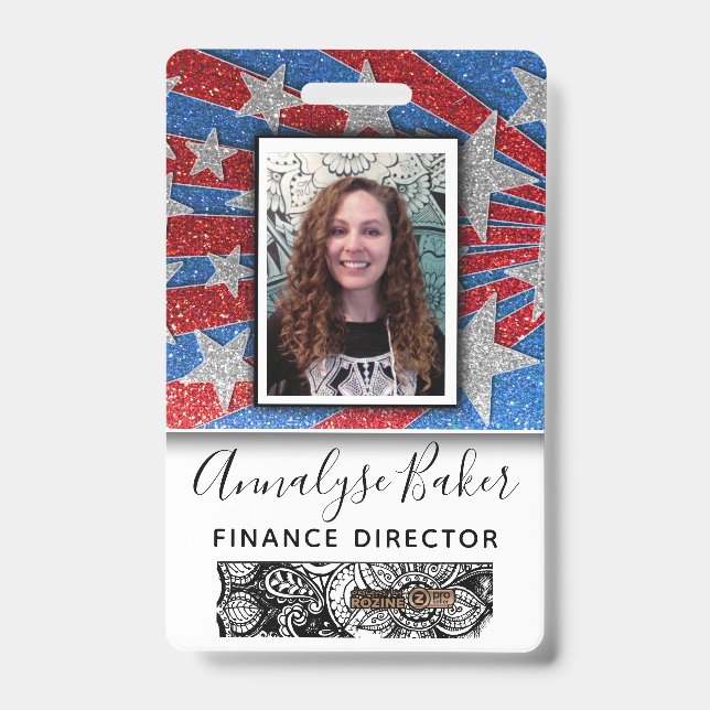 Red White and Blue Glitter Nurse USA Photo Name Badge (Front)