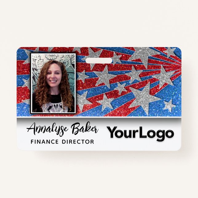 Red White and Blue Glitter USA Election Photo Name Badge (Front)