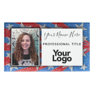 Red White and Blue Glitter USA Photo Employee Name Tag
