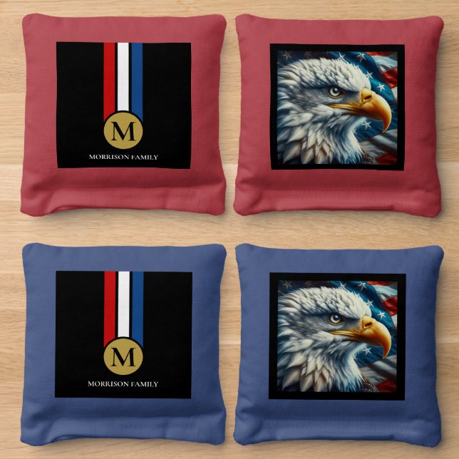 Red White and Blue Gold Metal Eagle Cornhole Bags (Wood)