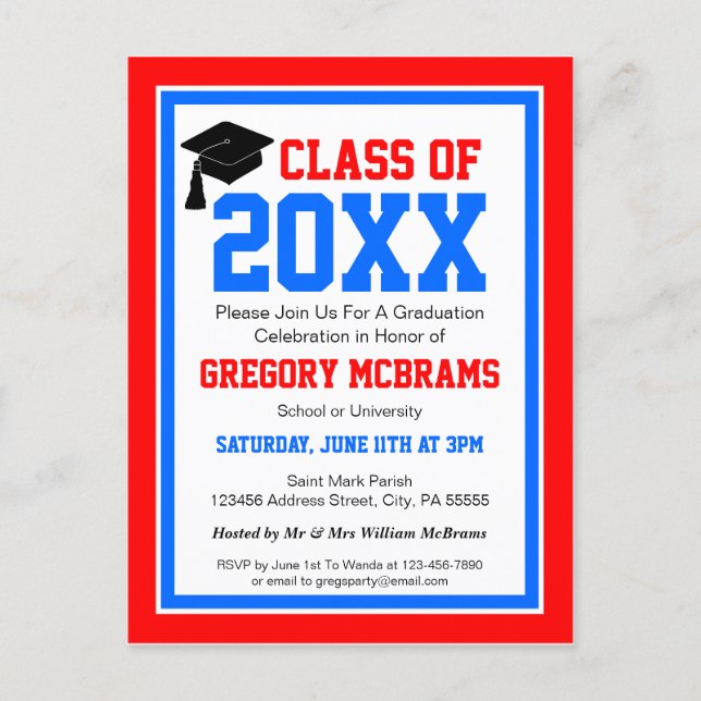 Red White and Blue Graduation Party Invitation Postcard (Front)