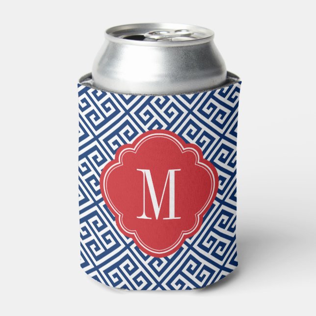 Red White and Blue Greek Key Monogram Can Cooler (Can Front)