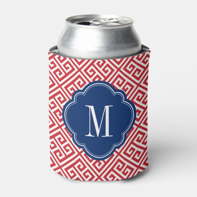Red White and Blue Greek Key Monogram Can Cooler (Can Front)