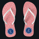 Red White and Blue Greek Key Monogram Flip Flops<br><div class="desc">Custom printed flip flop sandals with a stylish modern Greek key pattern and your custom monogram or other text in a circle frame. Click Customize It to change text fonts and colors or add your own images to create a unique one of a kind design!</div>