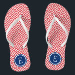 Red White and Blue Greek Key Monogram Flip Flops<br><div class="desc">Custom printed flip flop sandals with a stylish modern Greek key pattern and your custom monogram or other text in a circle frame. Click Customize It to change text fonts and colors or add your own images to create a unique one of a kind design!</div>