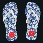 Red White and Blue Greek Key Monogram Flip Flops<br><div class="desc">Custom printed flip flop sandals with a stylish modern Greek key pattern and your custom monogram or other text in a circle frame. Click Customize It to change text fonts and colors or add your own images to create a unique one of a kind design!</div>