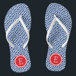 Red White and Blue Greek Key Monogram Flip Flops<br><div class="desc">Custom printed flip flop sandals with a stylish modern Greek key pattern and your custom monogram or other text in a circle frame. Click Customize It to change text fonts and colors or add your own images to create a unique one of a kind design!</div>