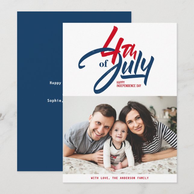 Red, White and Blue Happy Independence Day Photo Holiday Card (Front/Back)