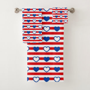 Red White and Blue Hearts and Stripes Bath Towel Set