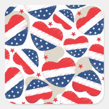 Red  White And Blue Hearts Print Pattern Square Sticker by Redgeez_Corner at Zazzle