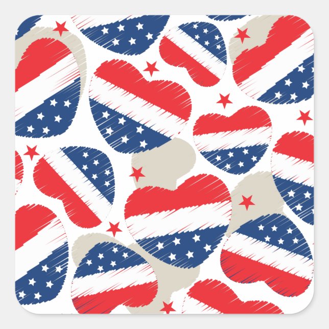Red, White and Blue Hearts Print Pattern Square Sticker (Front)