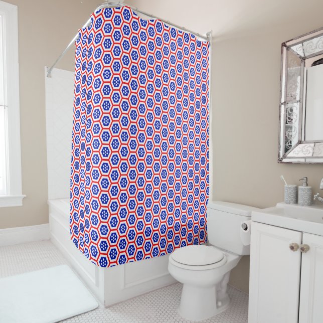 Red White and Blue hexagon pattern Shower Curtain (In Situ)
