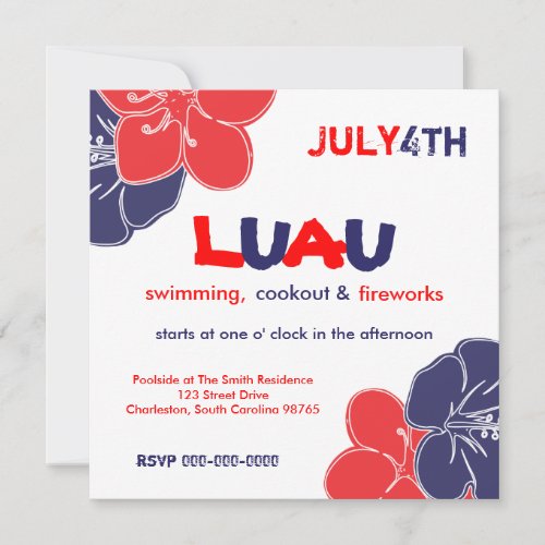 Red White and Blue Hibiscus Flowers Invitation