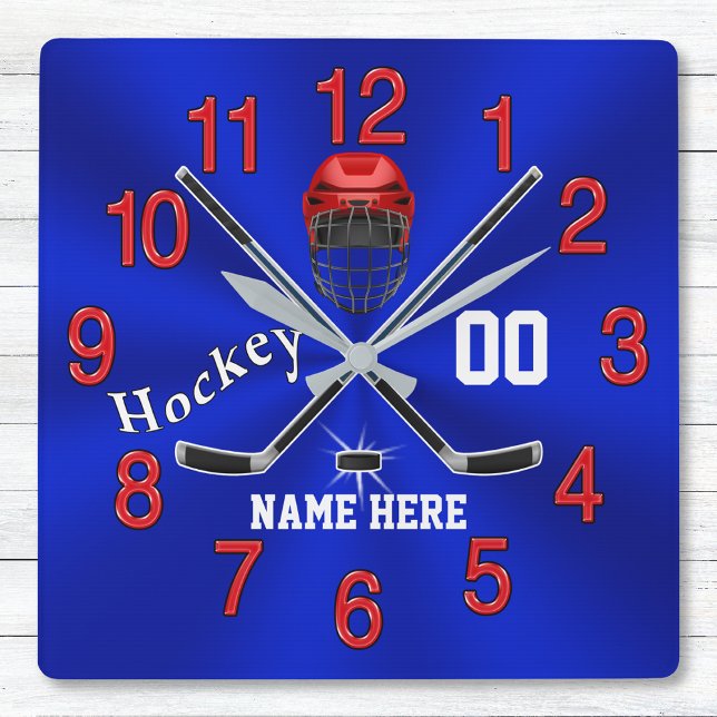 Red White and Blue Hockey Clock Hockey Room Decor (Personalized, Hockey Clocks. Nice, hockey gifts for players. Hockey birthday gifts. Home room decor.)