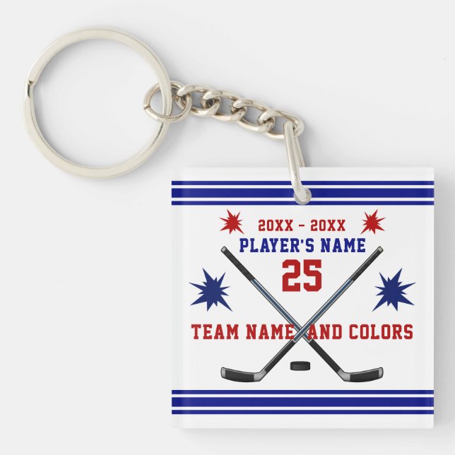 Red, White and Blue Hockey Gifts, Personalized Keychain (Front)