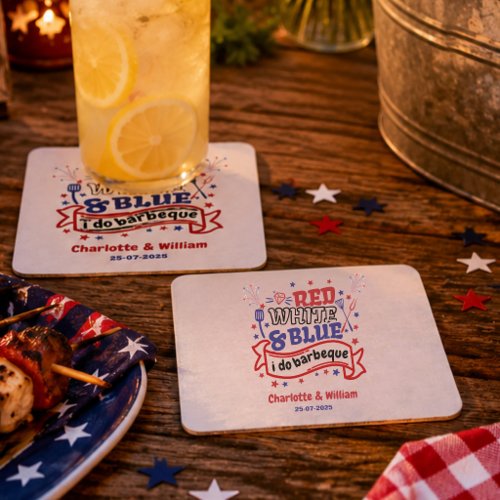 Red White and Blue i do BBQ Couple Bridal shower  Square Paper Coaster