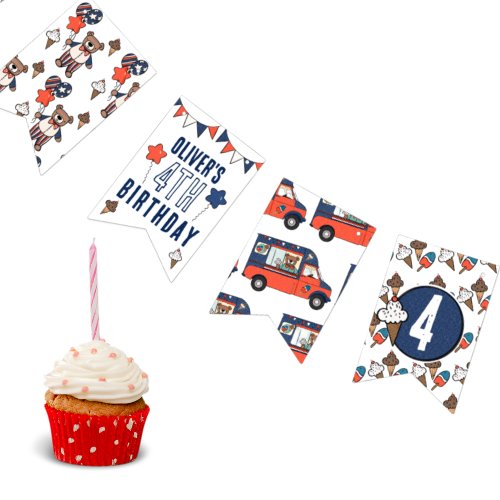 Red White and Blue Ice Cream Bear Birthday  Bunting Flags