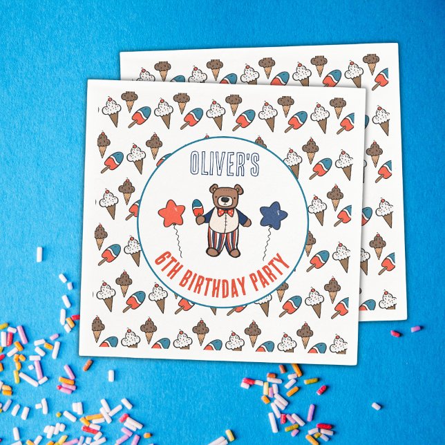 Red White and Blue Ice Cream Party Birthday Napkins (Personalized Birthday Bear Ice Cream Party Napkins)