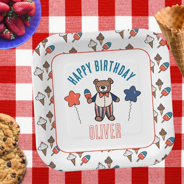 Red White and Blue Ice Cream Party Birthday Paper Plates (Personalized 4th of July Bear Birthday Party Plate)