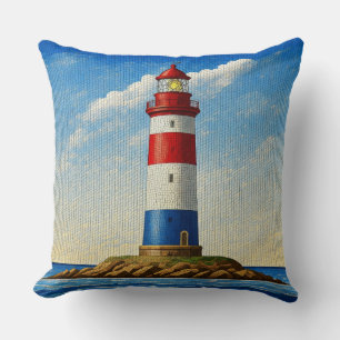 Red, White, and Blue Lighthouse Mosaic Pattern Throw Pillow
