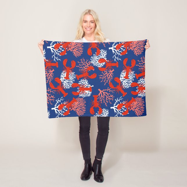 Red White and Blue Lobsters Coastal Patterned Fleece Blanket (In Situ)