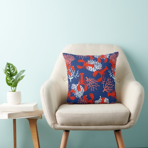 Red White and Blue Lobsters Pattern Throw Pillow