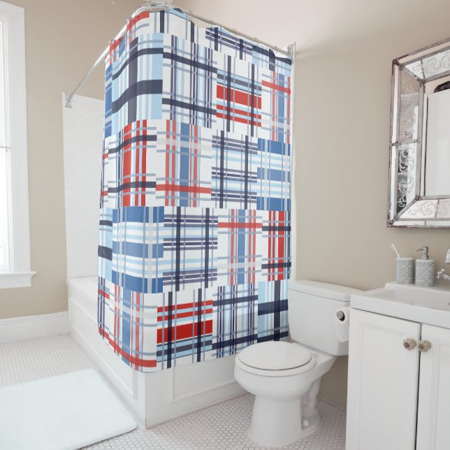 Red, White and Blue Madras Shower Curtain (In Situ)
