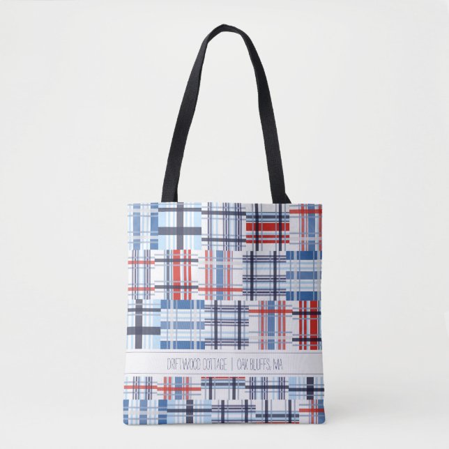 Red, White and Blue Madras Tote Bag with Text (Front)