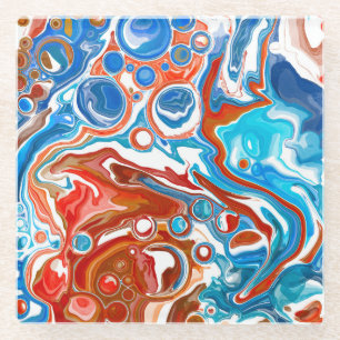 Red, White and Blue Marble Fluid Art   Glass Coaster