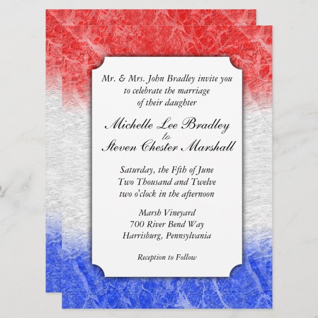 Red White and Blue Marble Wedding Invitations (Front/Back)