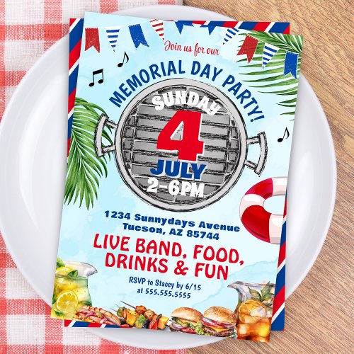 Red White and Blue Memorial Day BBQ Pool Party Invitation