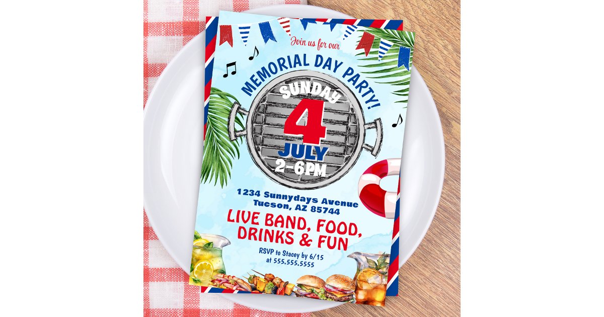 Red White and Blue Memorial Day BBQ Pool Party Invitation | Zazzle