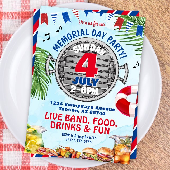 Red White and Blue Memorial Day BBQ Pool Party Invitation (Patriotic Red White and Blue Memorial Day 4th of July Birthday Invitation for BBQ Pool Party Invites)