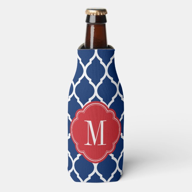 Red White and Blue Moroccan Quatrefoil Monogram Bottle Cooler (Bottle Front)