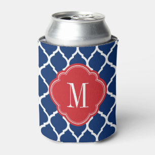 Red White and Blue Moroccan Quatrefoil Monogram Can Cooler