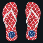 Red White and Blue Moroccan Quatrefoil Monogram Flip Flops<br><div class="desc">Custom printed flip flop sandals with a stylish Moroccan quatrefoil pattern and your custom monogram or other text in a circle frame. Click Customize It to change text fonts and colors or add your own images to create a unique one of a kind design!</div>