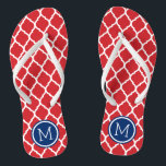 Red White and Blue Moroccan Quatrefoil Monogram Flip Flops<br><div class="desc">Custom printed flip flop sandals with a stylish Moroccan quatrefoil pattern and your custom monogram or other text in a circle frame. Click Customize It to change text fonts and colors or add your own images to create a unique one of a kind design!</div>