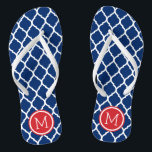 Red White and Blue Moroccan Quatrefoil Monogram Flip Flops<br><div class="desc">Custom printed flip flop sandals with a stylish Moroccan quatrefoil pattern and your custom monogram or other text in a circle frame. Click Customize It to change text fonts and colors or add your own images to create a unique one of a kind design!</div>