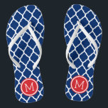 Red White and Blue Moroccan Quatrefoil Monogram Flip Flops<br><div class="desc">Custom printed flip flop sandals with a stylish Moroccan quatrefoil pattern and your custom monogram or other text in a circle frame. Click Customize It to change text fonts and colors or add your own images to create a unique one of a kind design!</div>