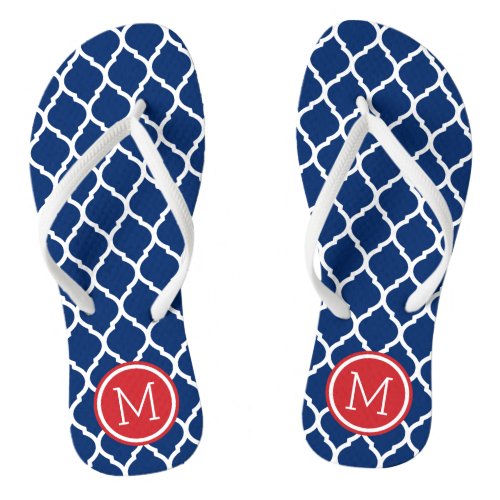 Red White and Blue Moroccan Quatrefoil Monogram Flip Flops