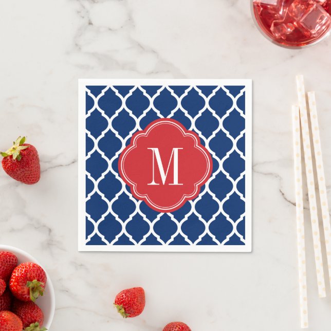 Red White and Blue Moroccan Quatrefoil Monogram Paper Napkins (Insitu)