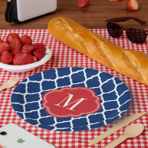 Red White and Blue Moroccan Quatrefoil Monogram Paper Plates